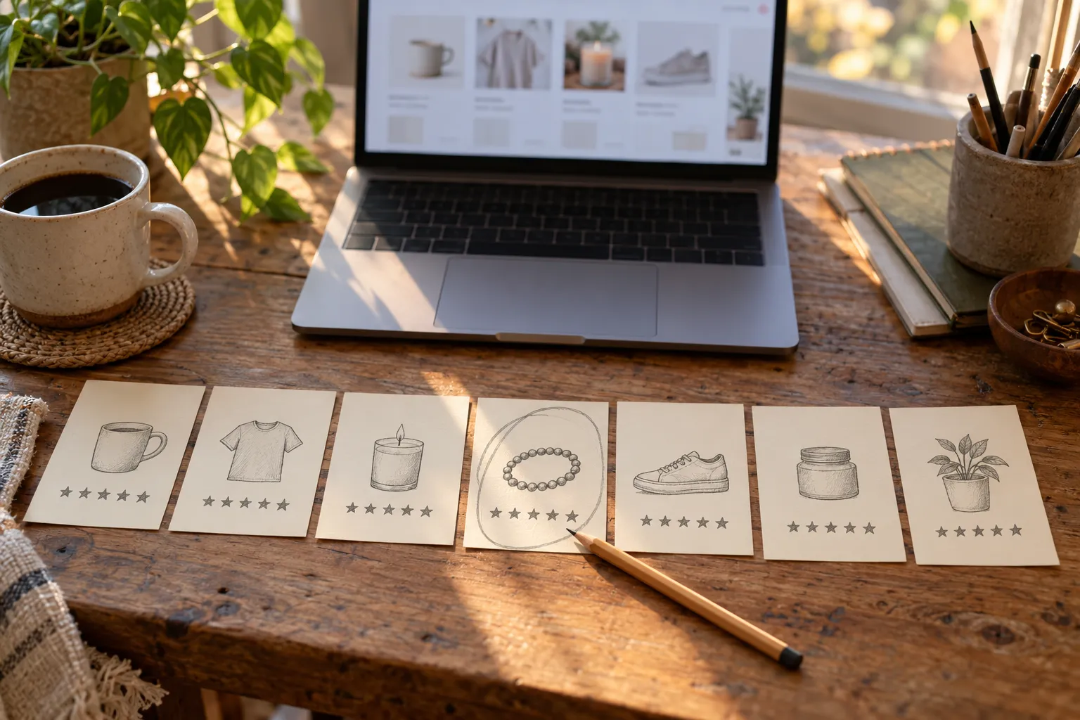 A founder's worktable with a laptop and seven hand-drawn shortlist cards, one circled in pencil