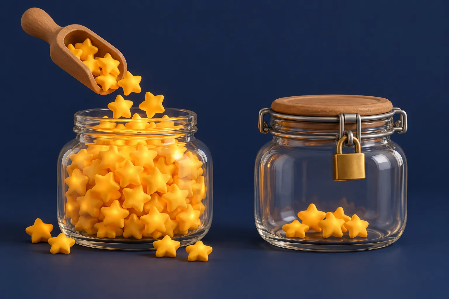 Two glass jars of golden stars: one overflowing from a scoop, the other held shut by a small padlock
