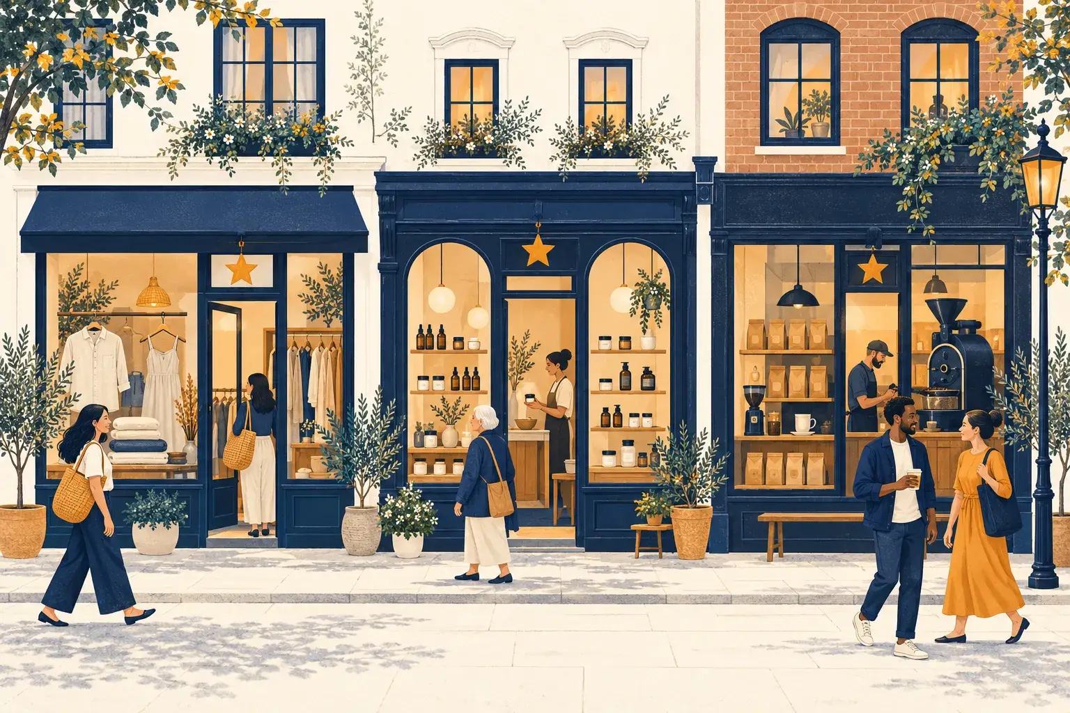 Illustration of three small shopfronts on one street: a clothing boutique, an apothecary and a coffee roaster, each with a star sign above the door